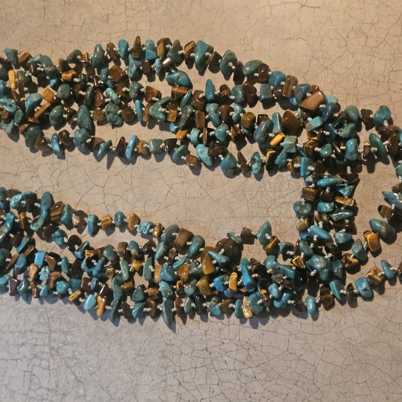 VINTAGE MULTI STRAND TURQUOISE AND TIGERS EYE NECKLACE. STATEMENT!! 925 TOGGLE - Picture 3 of 4